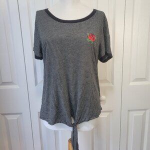 LOCAL LAB Black White Horizontal Striped Embroidered Rose Ringer Tie Shirt sz XL